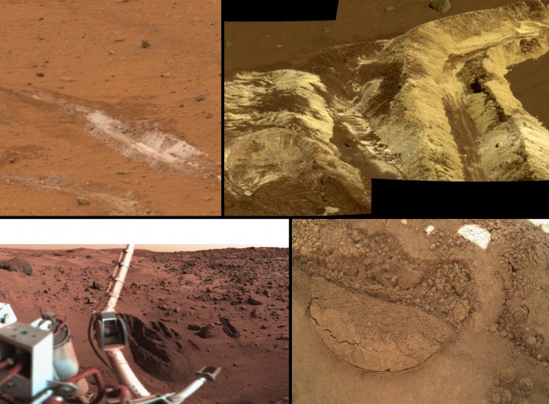 Collage showing the variety of soils found at landing sites on Mars including Viking, Path...