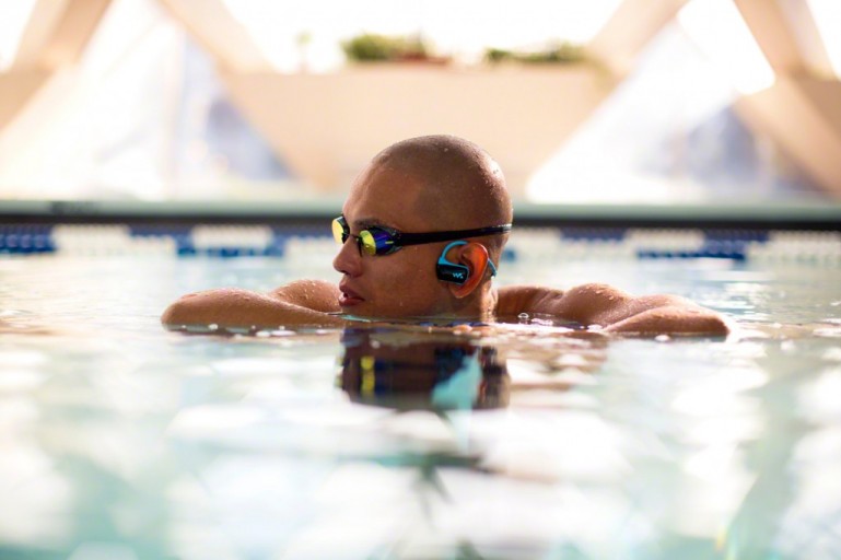 With the waterproof construction, swimmers can take the Walkman Sports MP3 player in the p...